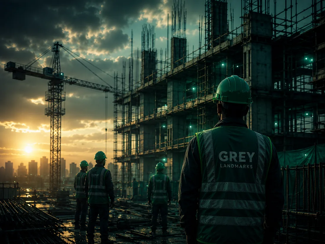 Engineering Mastery — an RCC tower under construction with a tower crane hoisting a load
