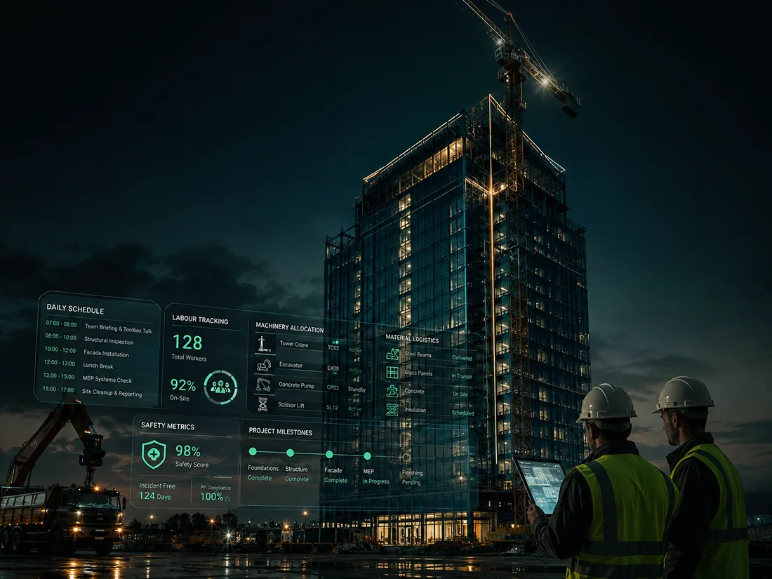 Execution Excellence — a topped-out tower with a live day-wise programme and progress tracking